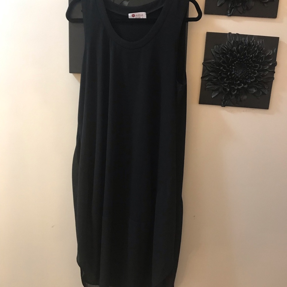 Adila calf length tank dress with sheer bottom. Classic black with double edging
